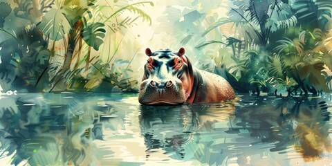 Canvas Print - Watercolor painting of hippopotamus in jungle water.