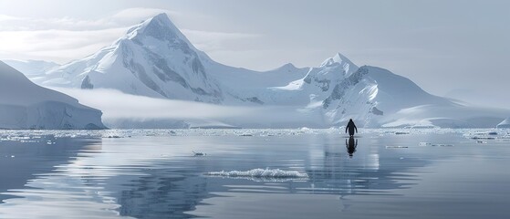   A solitary figure amidst snow-capped peaks and icy floes in a frozen lake