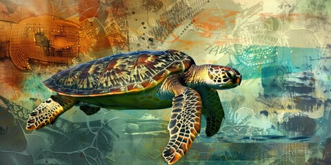 Poster - Sea turtle swimming in abstract ocean.