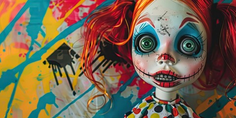 Creepy clown doll with red hair.