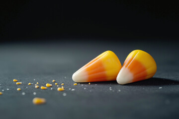 Two Candy Corn Pieces on Dark Background with Crumbs