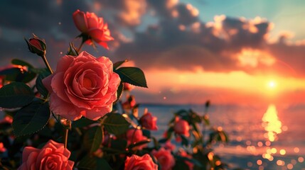 Canvas Print - Roses at dawn, scientifically known as rosa flowers