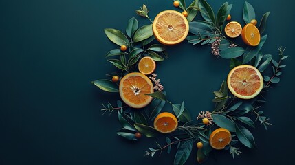 Poster -   A set of oranges resting on a lush green wreath against a deep navy background