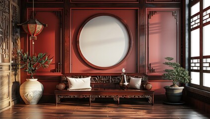 Wall Mural - Traditional Chinese Interior Design with Wooden Bench and Ornate Details