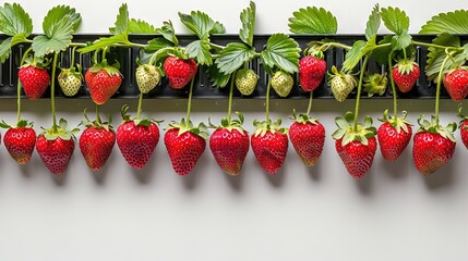   Strawberries dangle from the wall beside those on the shelf