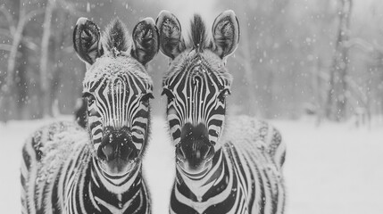 Poster -   A pair of zebras frolicking in the snowfield beside tree lines