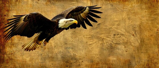 Sticker -   A bald eagle soaring through the sky with its wings fully extended