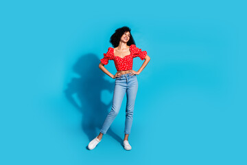 Sticker - Full size photo of pretty young woman look empty space wear top isolated on blue color background