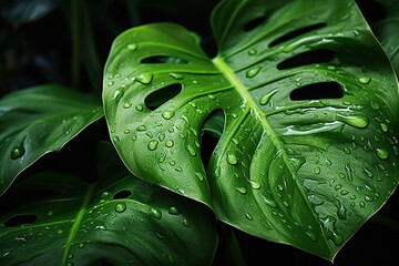 Poster -   Close-up photo of huge green leaf with droplets on its surface against a dark background