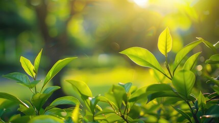 Wall Mural - Fresh green leaf in garden with blurred background and copy space - nature wallpaper concept.