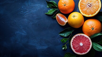 Poster -   A colorful assortment of grapefruits and oranges surrounded by lush foliage on a deep blue canvas, providing ample room for text insertion