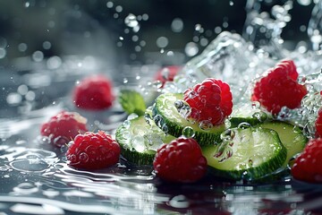 Poster -   Cucumber, raspberries, and cucumber slices with water splashing on the surface