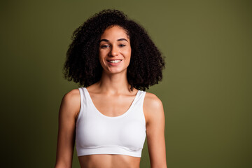 Sticker - No filter photo of gorgeous lovely woman wear stylish white activewear isolated on khaki color background