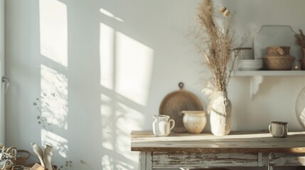 Sticker -   Wooden table topped with vase of dry grass and shelf of pots and pans