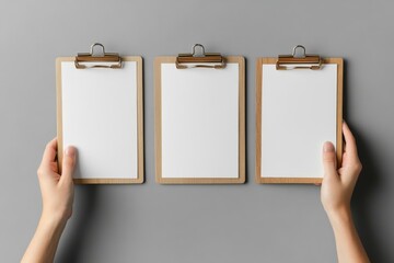 This mockup shows a blank white paper sheet on a wooden clipboard with a plastic clip attached