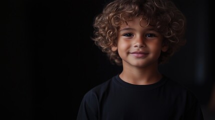 Close-up portrait of a young boy with curly hair, standing against a dark background, with a soft smile and warm lighting, space for text