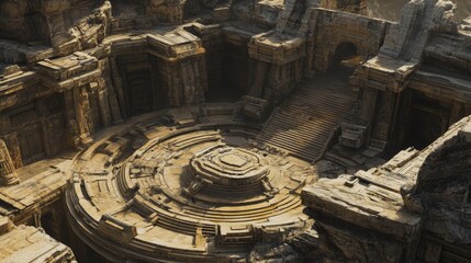 The central structure could be a classical stone amphitheater or temple, meticulously detailed with weathered textures and historical features. 