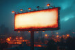 © bensaid - A blank white billboard with city lights in the background. The billboard is located on top of buildings, and it has three spotlights attached to its sides. It is nighttime