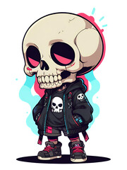 Sticker - A cartoonish skeleton wearing a black hoodie and a skull t-shirt