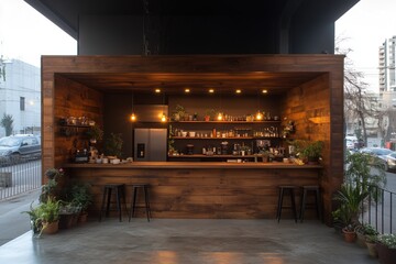 Modern outdoor coffee shop with wooden decor and warm lighting, featuring a cozy seating area and plants.