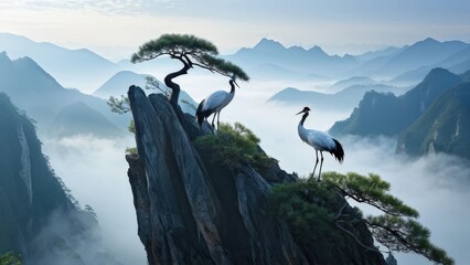 A serene landscape featuring two cranes standing on a rocky outcrop, gazing at each other.