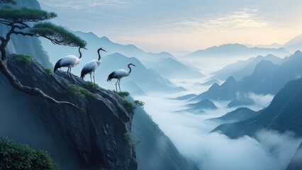 A serene landscape featuring two cranes standing on a rocky outcrop, gazing at each other.