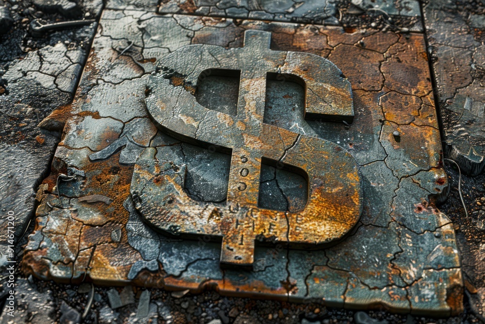 Weathered dollar sign on rusty metal a stark symbol of economic decay ...