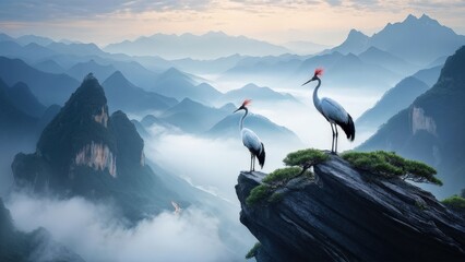 A serene landscape featuring two cranes standing on a rocky outcrop, gazing at each other.