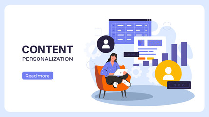 Content marketing poster. Woman with tablet analyzes graphs and diagrams. Promotion on social networks and Internet. Marketing and commerce. Landing webpage design. Flat vector illustration