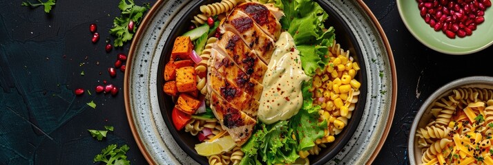 Top view of dish featuring roasted chicken breast pasta salad lettuce sweet potato corn pomegranate tomato and cheddar with a side of mustard yogurt sauce