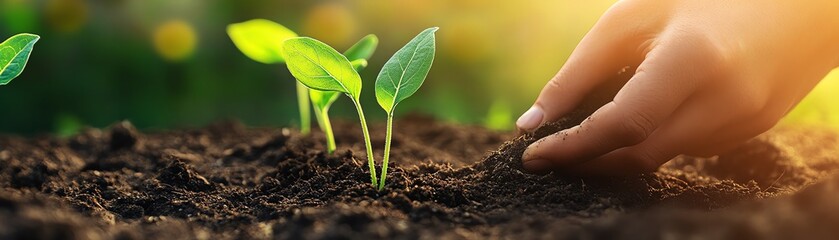 Organic gardener planting seedlings in rich soil, Organic garden, nurturing new growth