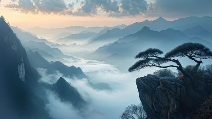 Wall Mural - A serene landscape featuring two cranes standing on a rocky outcrop, gazing at each other.