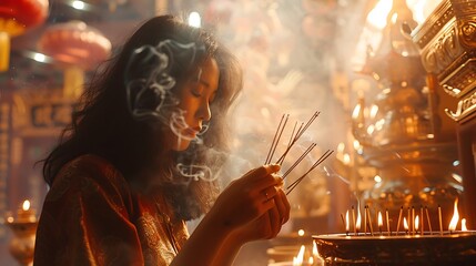 Woman Praying with Incense Sticks in a Temple