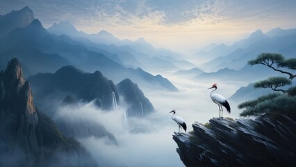 Canvas Print - A serene landscape featuring two cranes standing on a rocky outcrop, gazing at each other.