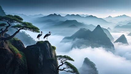 A serene landscape featuring two cranes standing on a rocky outcrop, gazing at each other.