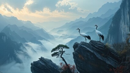 Wall Mural - A serene landscape featuring two cranes standing on a rocky outcrop, gazing at each other.