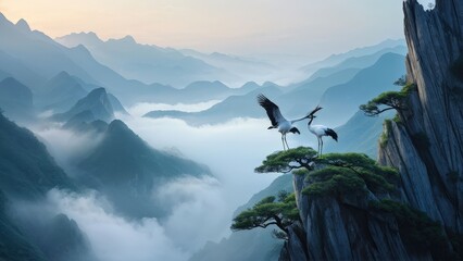 Wall Mural - A serene landscape featuring two cranes standing on a rocky outcrop, gazing at each other.