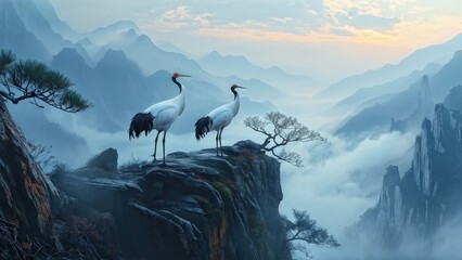 Sticker - A serene landscape featuring two cranes standing on a rocky outcrop, gazing at each other.