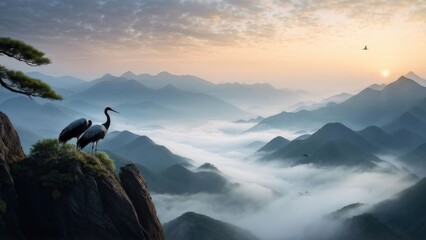 Sticker - A serene landscape featuring two cranes standing on a rocky outcrop, gazing at each other.