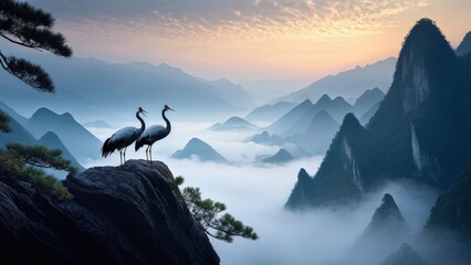 Sticker - A serene landscape featuring two cranes standing on a rocky outcrop, gazing at each other.