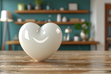 Canvas Print - Sleek white heart on a modern minimalist shelf representing clean pure love in a contemporary setting