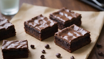 Sticker - chocolate brownies on a wooden table