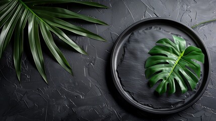 Wall Mural - Green Leaf on Black Plate with Black Background