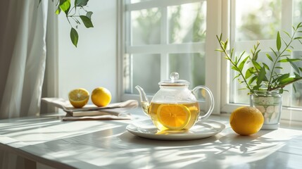 Wall Mural - Tea with lemon, teapot, green branch on a white table by a kitchen window. Modern Scandinavian breakfast setting.