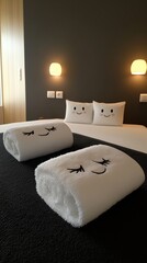 Wall Mural - Cozy Hotel Room with Whimsical Towel Decorations