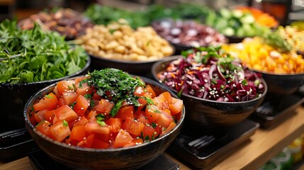 Wall Mural - A variety of colorful salads are displayed on a wooden table