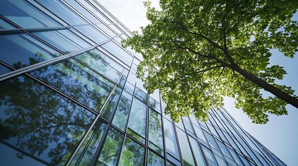 Poster - Ecofriendly building in the modern city Sustainable glass office building with tree for reducing heat and carbon dioxide Office building with green environment Corporate building reduc : Generative AI