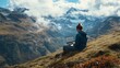 © The Little Hut - Freelancer digital nomad sit work online type on laptop with mountains scenic panoramaLocation independent traveler blogging on travels Ideas and work online in post pandemic worldEart : Generative AI