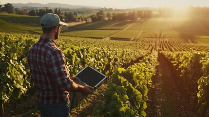 Fototapete - Farmer using smart farming technologies in a vineyard : Generative AI