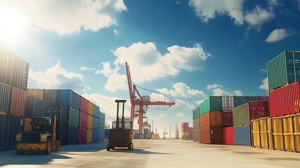 Wall Mural - Container industrial yard shipping Export Logistic Crane Forklift Port Blue Sky Background Space Road Import Business Freight Logistic Transport Industry Service Airplane Container Shi : Generative AI